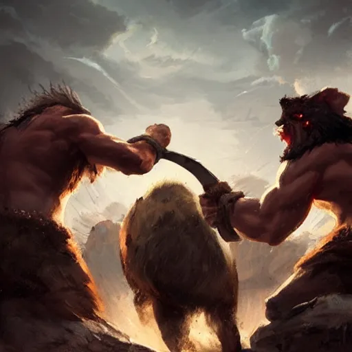 Prompt: barbarian fist fight wild boar, 8 k, trending on by tooth wu and greg rutkowski