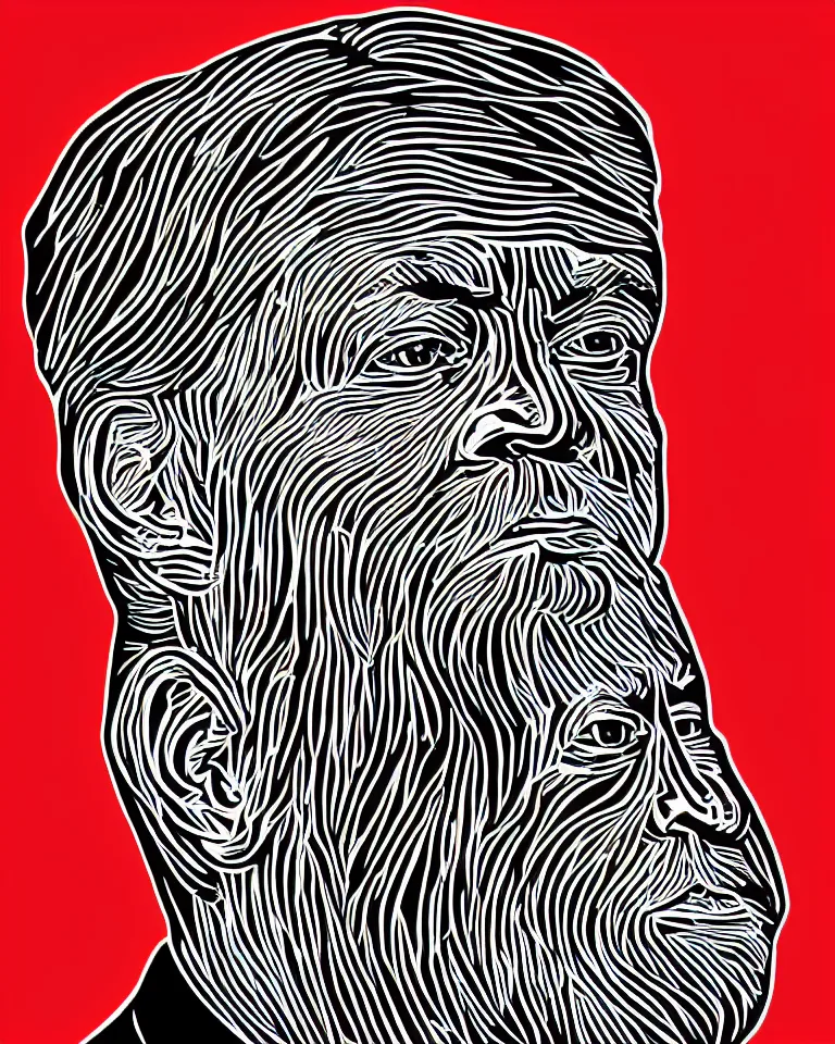 Image similar to a lifelike linocut engraving of a singular president lula. red, black and white color scheme