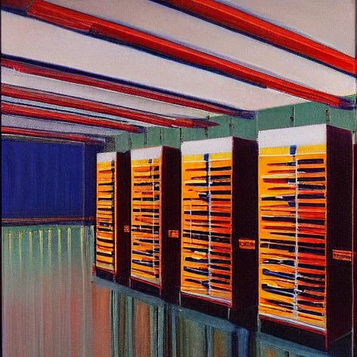 Image similar to a painting by Wayne Thiebaud inside of a high end data center on fire by Wayne Thiebaud