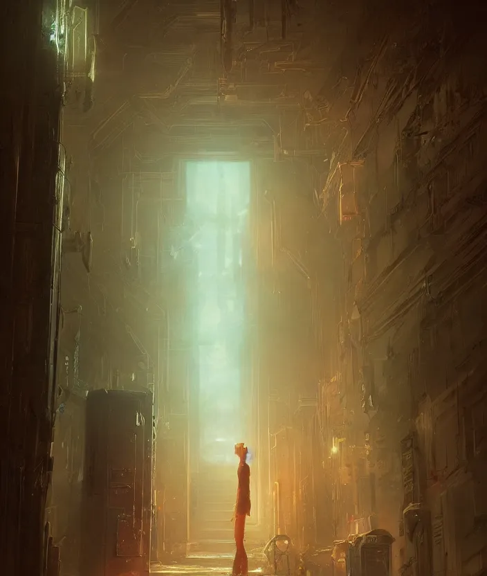 Image similar to a highly detailed epic cinematic concept art cg render digital painting artwork of a dark hallway, at the end there is a mysterious door with a neonsign by greg rutkowski, in the style of francis bacon and syd mead and norman rockwell and beksinski