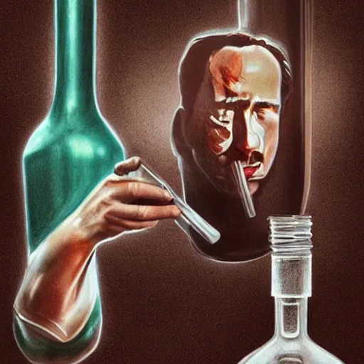 Image similar to Drinking from bottle Nicolas Cage in liquid form, Surrealism, Surreal drawing, Digital art, from artstation, art by Salvador Dali