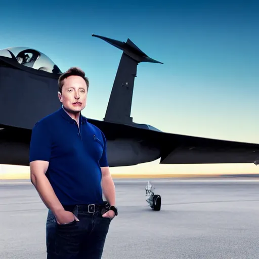 Image similar to elon musk, wearing a dark blue polo shirt, standing near fighter jet on an empty runway at dusk, high detail, volumetric lights, professional high quality studio photo from vogue magazine