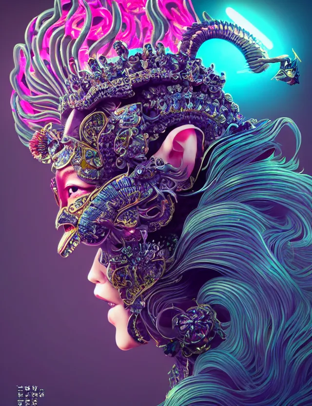 Image similar to 3 d goddess close - up profile portrait with crown, ram skull. beautiful intricately detailed neon japanese crow kitsune mask and clasical japanese kimono. betta fish, jellyfish phoenix, bio luminescent, plasma, ice, water, wind, creature, artwork by tooth wu and wlop and beeple and greg rutkowski