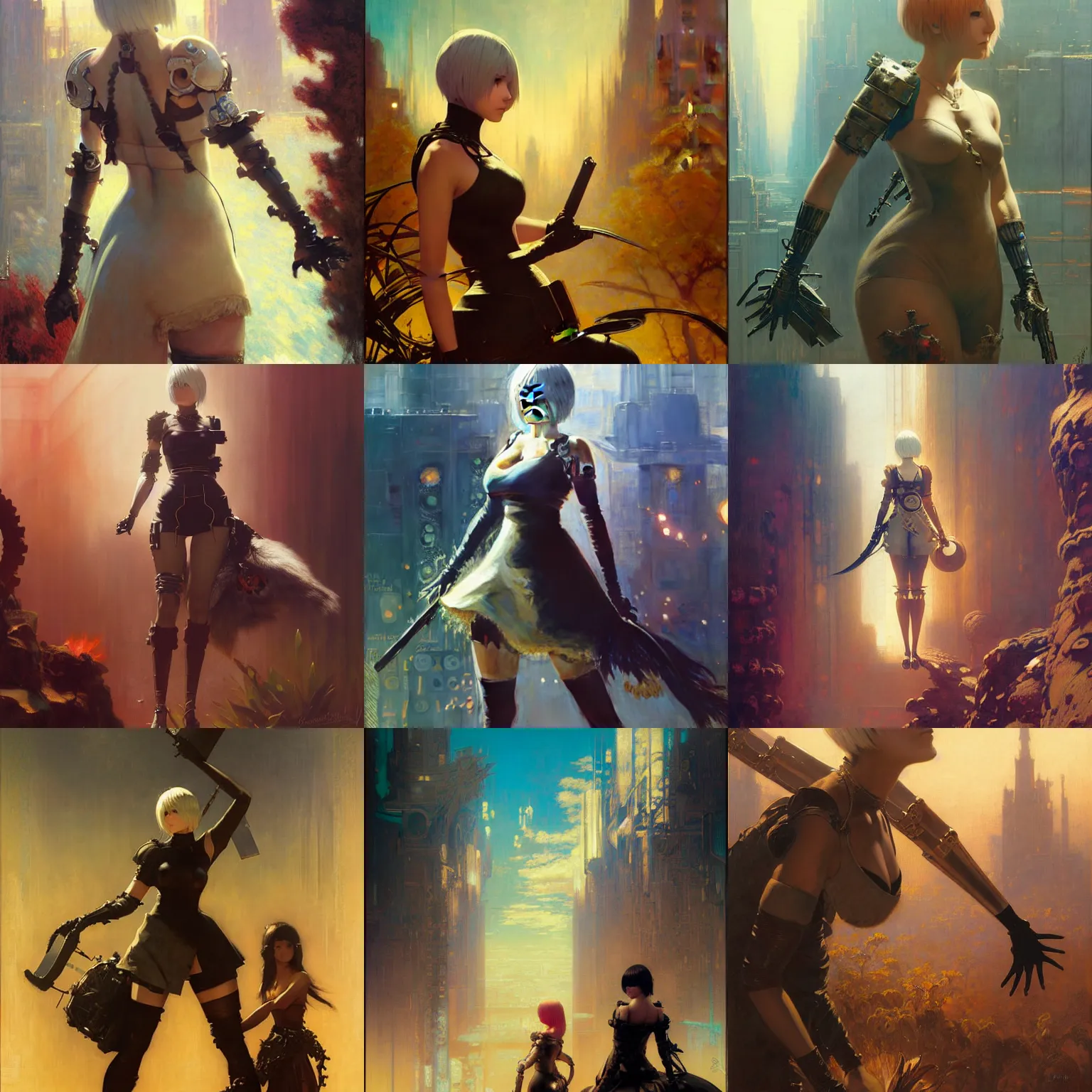 Prompt: nier automata poster, colorful, highly detailed painting by gaston bussiere, craig mullins, j. c. leyendecker 8 k