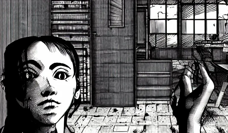 Image similar to First-person horror game, PC game with UI, by Junji Ito