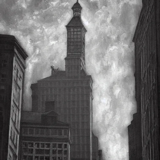 Image similar to ultra - realistic painting gothic 1 9 2 0 s 1 0 - storey hotel in downtown boston overlooking a dark street against a horrifying cosmic sky, atmospheric lighting, gloomy, foreboding