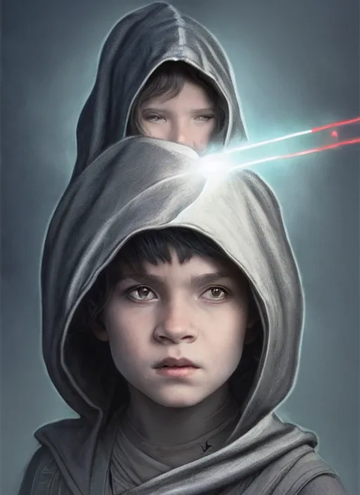 Image similar to perfectly - centered - portrait of a kid wearing grey cloak holding light saber, intricate, highly detailed, digital painting, artstation, concept art, smooth, sharp focus, illustration, unreal engine 5, 8 k, art by artgerm and greg rutkowski and alphonse mucha