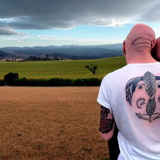 Prompt: portrait of a bald white male tattoos and his white female wife with tattoos. male is wearing a white t - shirt, tan shorts, white long socks. female is has long brown hair and a lot of tattoos. photo taken from behind them overlooking the field with a goat pen. rolling hills in the background of california and a partly cloudy sky