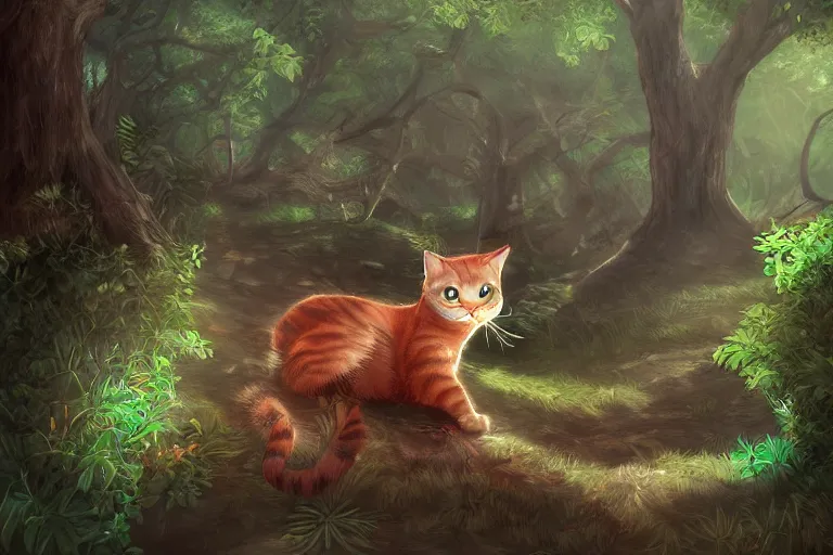 Image similar to a cat in a forest, highly detailed, digital art, trending on artstation, backlighting, by kawacy, by wayne mclouglin, by don bluth