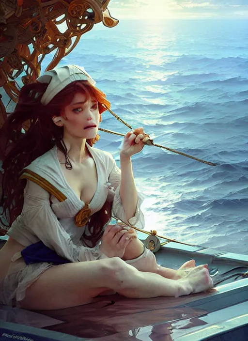 Image similar to sailor on its boat, fantasy, highly detailed, digital painting, artstation, concept art, wallpaper, smooth, sharp focus, illustration, art by artgerm and greg rutkowski and alphonse mucha