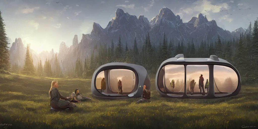 Image similar to cabela's beautiful comfortable futuristic pop up insulated all terrain family pod, cabin, modular, person in foreground, mountainous forested wilderness open fields, beautiful views, painterly concept art, joanna gaines, environmental concept art, farmhouse, magnolia, concept art illustration by ross tran, by james gurney, by craig mullins, by greg rutkowski trending on artstation