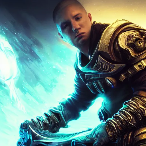 Image similar to portrait of eminem as a spellcaster, league of legends amazing splashscreen artwork, gears of war, splash art, natural light, elegant, photorealistic facial features, intricate, fantasy, detailed face, atmospheric lighting, anamorphic lens flare, cinematic lighting, league of legends splash art, hd wallpaper, ultra high details by greg rutkowski