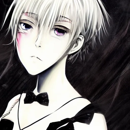 Image similar to Realistic illustration of an anime girl with short white hair and black eyes wearing tuxedo in the style of Yoshitaka Amano, abstract black and white background, film grain effect, highly detailed, Renaissance oil painting