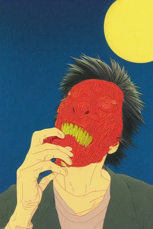 Image similar to a scifi closeup portrait of a young japanese man licking a blotter paper of LSD acid on his tongue and dreaming psychedelic hallucinations in cosmos, by kawase hasui, moebius, Edward Hopper and James Gilleard, Zdzislaw Beksinski, Steven Outram colorful flat surreal design, hd, 8k, artstation