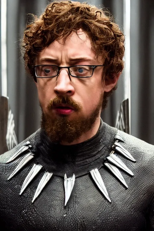 Image similar to A still of Sam Hyde in the Black Panther, close-up, sigma male, rule of thirds, award winning photo, unreal engine, studio lighting, highly detailed features, raining, ethereal lighting