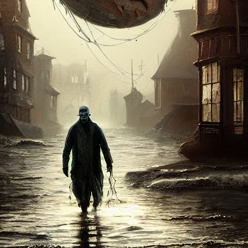 Image similar to shadow over innsmouth, people walking out of the water, painted by seb mckinnon, high detail, dramatic light, digital art, painted by greg rutkowski, promotional movie posterart, trending on artstation