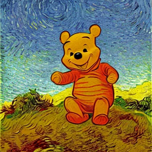 Image similar to winnie the pooh standing on a hill with sunset in background, oil painting, art by vincent van gogh