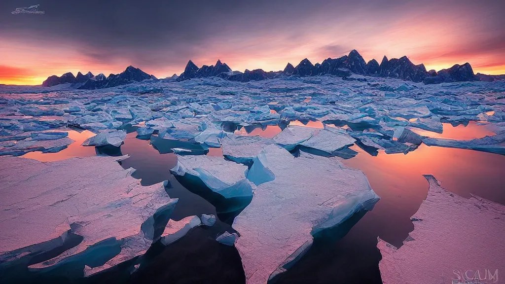 Image similar to amazing landscape photo of greenland in sunset by marc adamus, beautiful dramatic lighting