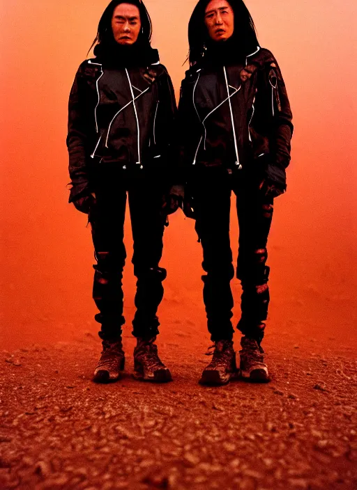 Prompt: cinestill 5 0 d photographic portrait of two loving clones, women wearing rugged black techwear on a desolate plain with a red sky, extreme closeup, diverse species, cyberpunk, in front of a brutalist dark metal facility, dust storm, 3 5 mm, 8 k, f / 3 2, high resolution, ultra realistic faces, beautiful