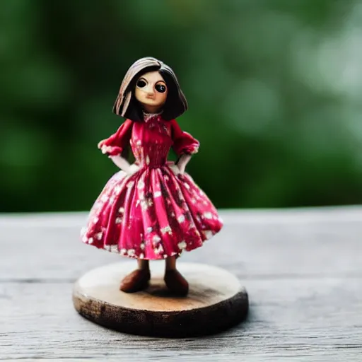 Image similar to jenna coleman figurine by pixar sad bokeh on wooden table.