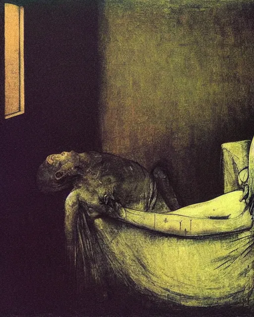 Image similar to an old dead person sitting on an old couch in an old apartment with woman on the floor,  Francisco Goya painting, part by Beksiński and EdvardMunch. art by Takato Yamamoto, Francis Bacon masterpiece