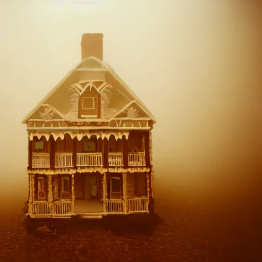 Prompt: cinematic photo of ghosts living inside of a haunted gingerbread house, spooky, fog, 3 5 mm film