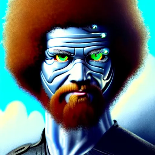 Image similar to bob ross with extremely large and intricate eye cyberpunk bionics with angry blue eyes and slim features looking askance, eye cyberpunk bionics, retro futurist style, intricate, elegant gleaming intricate baroque jewelry, angelic halo, highly detailed, digital painting, artstation, concept art, smooth, sharp focus, illustration, art by wlop, mars ravelo and greg rutkowski,