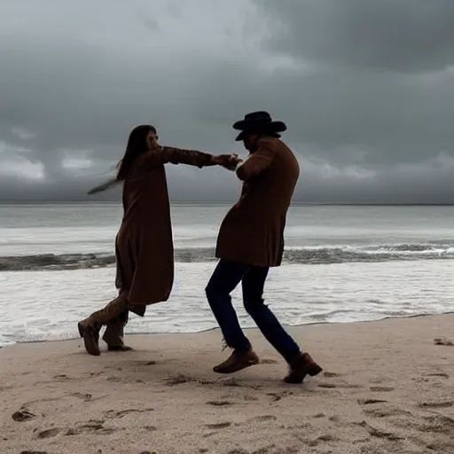 Image similar to zoom in photo of a man and woman, both wearing light brown trenchcoats, dancing together on a beach during cloudy weather, it is a little dark outside