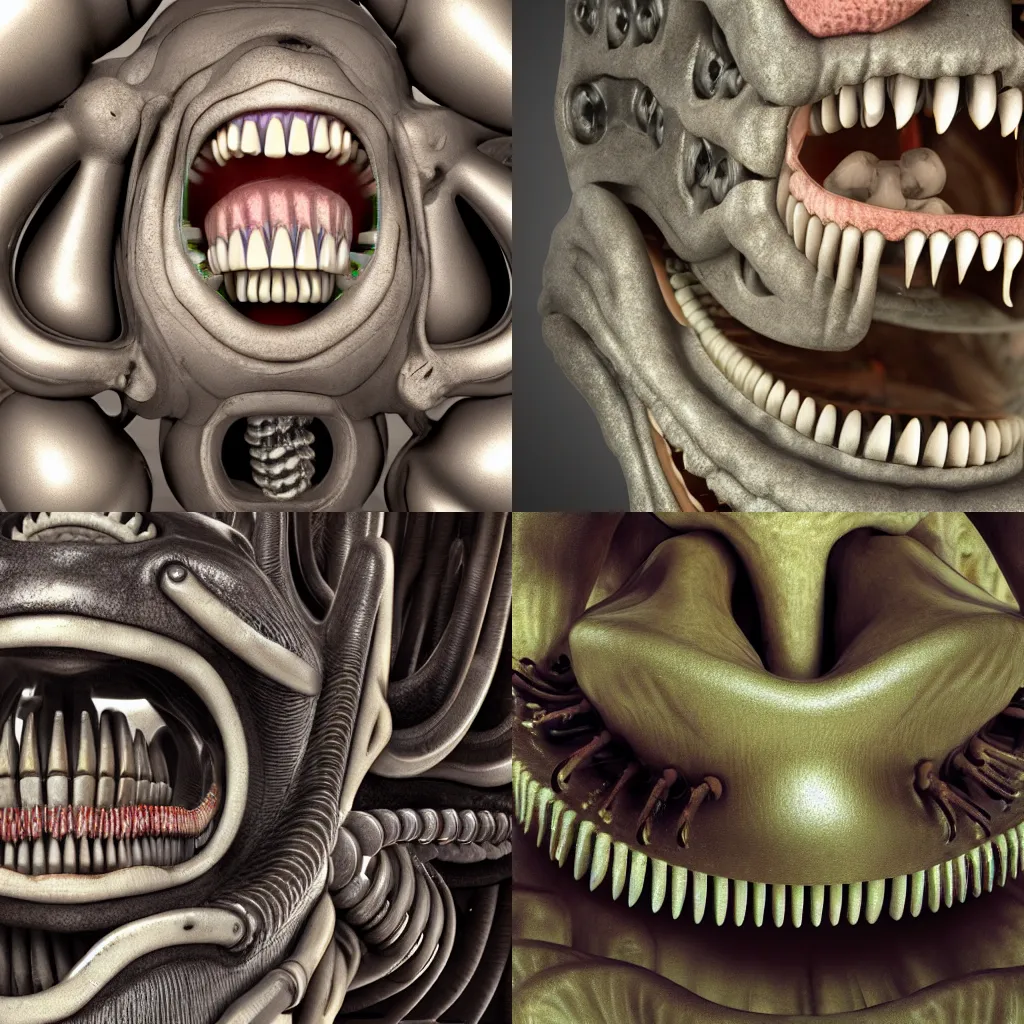Prompt: close - up photorealistic cinematic render of a surreal biomechanical chewing machine with teeth and gums, by hr giger