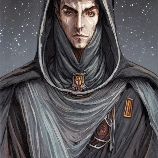 Prompt: tall thin gray - skinned brooding space elf nobleman in ornate hooded long dark cloak, on space station, highly detailed, mike mignogna, comic book, science fiction, dark tones, dark, rough paper, oil painting