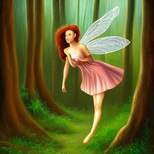 Image similar to epic oil painting of a beautiful fairy in a short skirt landing on a mushroom in the forest, moss, fog