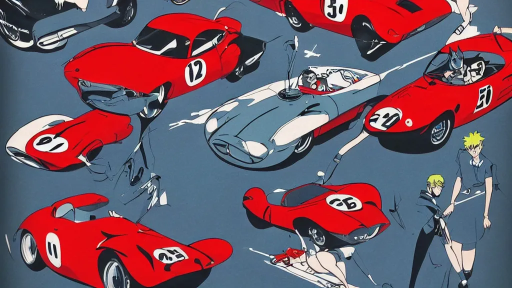 Prompt: 1960's race cars, style of red line anime movie, centered