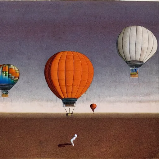 Image similar to astronauts arriving in mars on a hot air ballon, by francis bacon