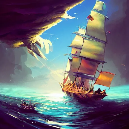 Image similar to two large pirates ship floating on top of a body of water, fighting each other, pirates flag , cgsociety, fantasy art, 2d game art, concept art , ambient occlusion, behance hd , concept art by Jesper Ejsing, by RHADS, Makoto Shinkai Cyril Rolando