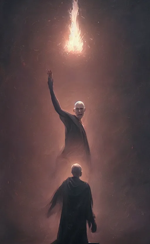 Image similar to a beautiful painting of voldemort performing an occult ritual, by greg rutkowski featured on artstation, dark spell, magic vfx, particles, depth of field, bokeh, black smoke, sparks