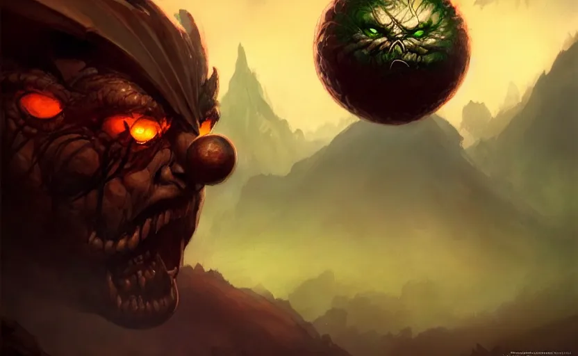 Image similar to magic : the gathering fantasy character concept art of a ball of rice with a menacing facial expression, by frank frazetta and marco bucci, high resolution. dark fantasy forest in the background, fantasy coloring, intricate, digital painting, artstation, smooth, sharp focus