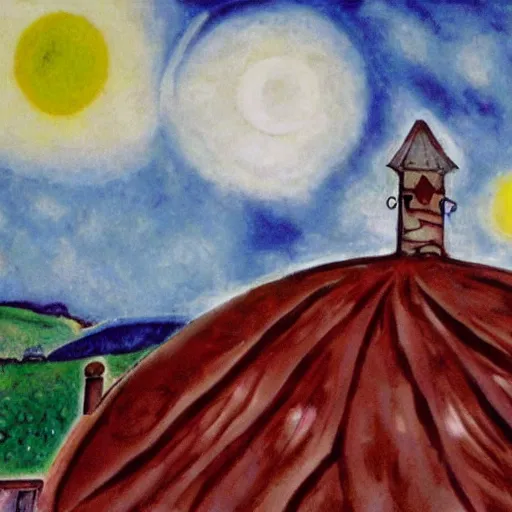 Prompt: onion roof in a rural city, in the style of chagall