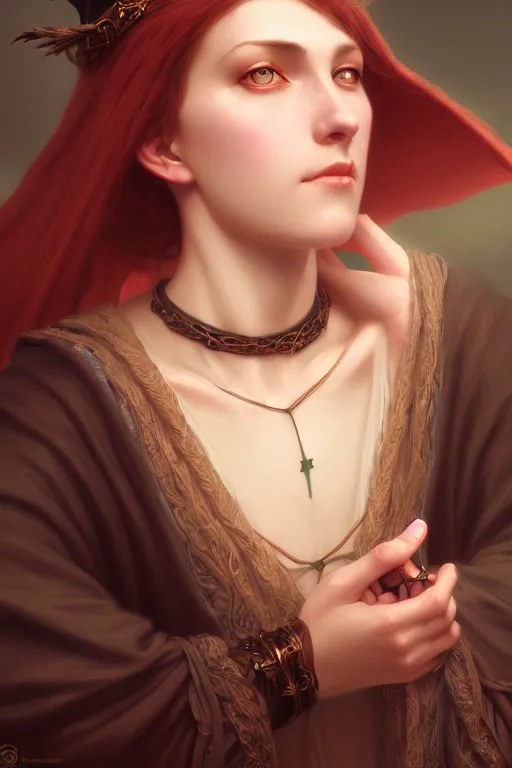 Prompt: a portrait of a witch, bored, illustration, soft lighting, soft details, painting oil on canvas by Edmund Blair Leighton and Charlie Bowater octane render trending on artstation d&d characters, 4k, 8k, HD