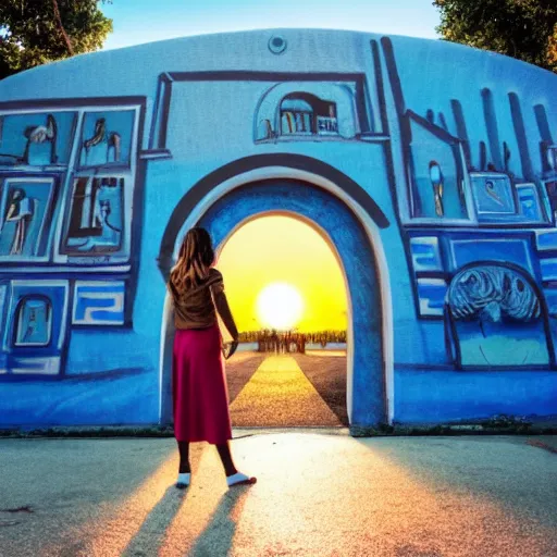 Image similar to a woman facing an portal on the street. the street leads dozen a city. the portal is oval, upright and surrounded by blue energy. the portal leads to a beach at sunset