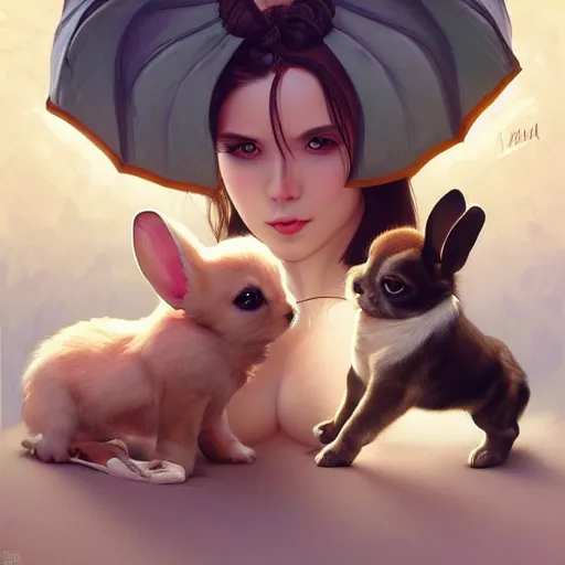 Image similar to puppies fighting bunnies, contrast, deep focus, turnaround, highly detailed, dramatic lighting, digital painting, artstation, concept art, matte, sharp focus, illustration, elegant, art by artgerm and greg f and alphonse mucha.