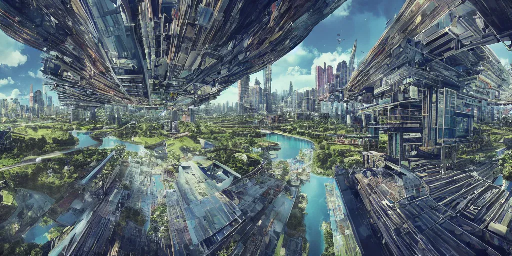 Image similar to Bustling photorealistic!!! utopian city reimagined by Max Hay, inverted fisheye lens!!!, eyelevel!!! view!!! photography, trending on artstation, 4k, 8k, lens distortion, chromatic aberration, soft focus blur, photorealistic imagery, photorealistic details, intricate, highly detailed, artstation 3d, artstation render, artstation 3d render, 3d art, unreal engine 3d, octane 3d, blender 3d, 3d landscape