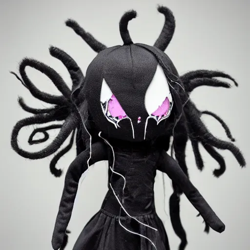 Prompt: cute fumo plush of the nightmare princess, gothic regal and tattered black, broken hearts, tragic wraith, vray, web of tendrils, arachnid, shadows at play