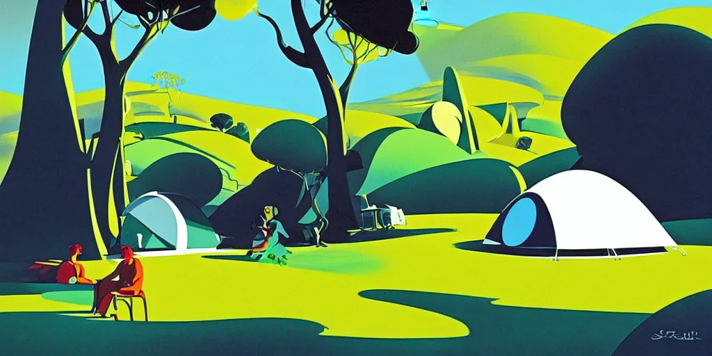 Prompt: oasis with a tent, gouache, animated film, stylised, illustration, by eyvind earle, scott wills, genndy tartakovski, syd mead