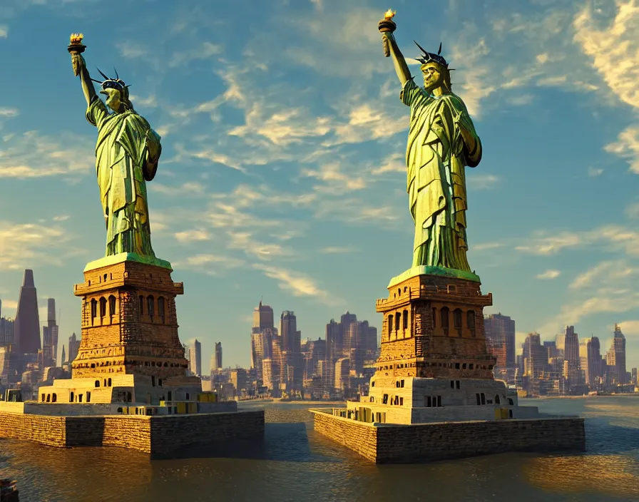 Image similar to statue of liberty but it's made from gold and sing a rap with diamond microphone, beautiful graphics, fantasy artwork, very beautiful scenery, hd, hdr, ue 5, ue 6, unreal engine 5, cinematic 4 k wallpaper, 8 k, ultra detailed