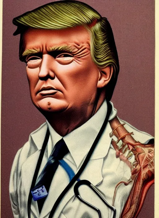 Prompt: vintage medical anatomical illustration of donald trump ( 1 9 8 4 ), highly detailed, labels, intricate writing