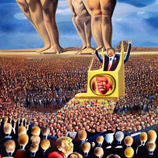 Image similar to enoumous crowd of millions of people, everyone is laughing and pointing at donald trump on a podium. he is not wearing pants and his legs are visible. painting by salvador dali.