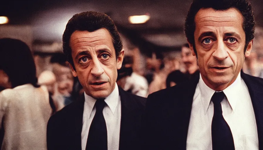 Prompt: 70s movie still of one Nicolas Sarkozy with very detailed face , cinestill 800t 18mm heavy grain, cinematic, dramatic dark lighning, brooklyn neon boards