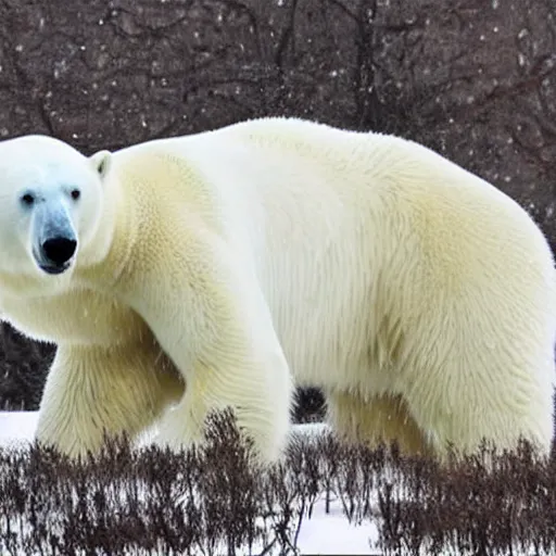 Image similar to ink painting The polar bear is white and fuzzy, and it's walking across a field of snow. The snow is deep and pristine, and the air is frigid. The polar bear is trudging through the snow, its head down and its breath visible in the cold air, by wu daozi, qiu ying, gu gaizhi