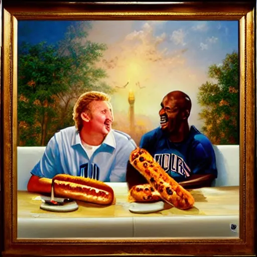 Image similar to portrait of larry bird and michael jordan sharing hotdogs, an oil painting by ross tran and thomas kincade w 7 6 8