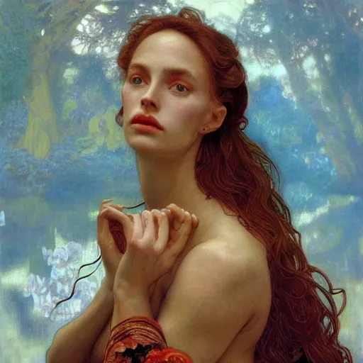 Image similar to a portrait of a beautiful fierce female nymph, detailed, centered, digital painting, artstation, concept art, donato giancola, Dante Gabriel Rossetti, alphonse mucha, Joseph Christian Leyendecker, WLOP, Boris Vallejo, Annie Leibovitz and Steve McCurry, David Lazar, Jimmy Nelsson, Breathtaking, 8k resolution, extremely detailed, beautiful, establishing shot, artistic, hyperrealistic, beautiful face, octane render